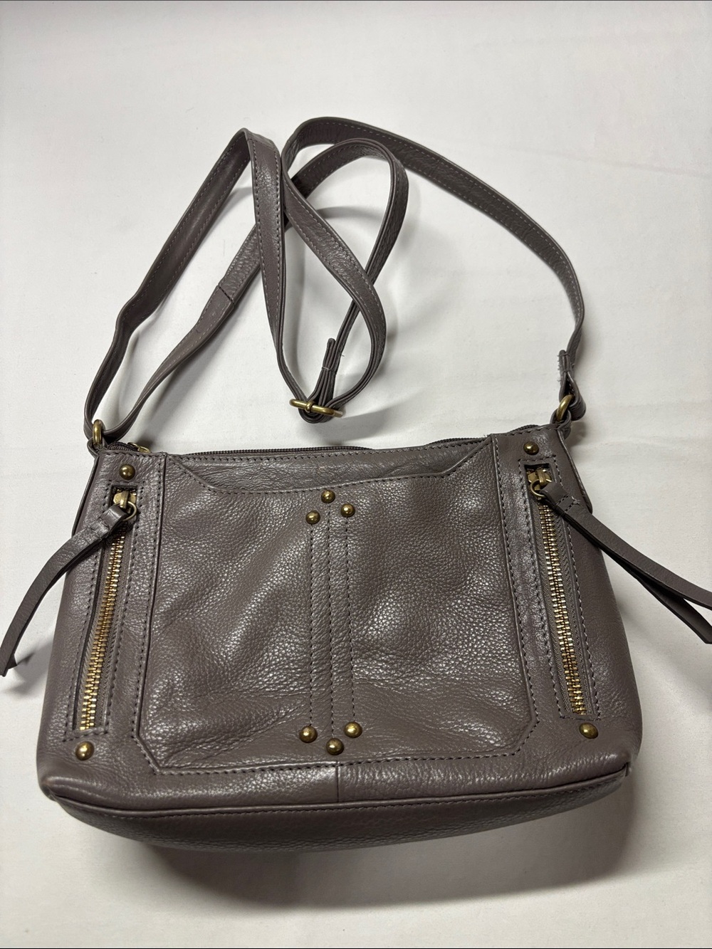 Cute Women's Gray Pebbled Leather Crossbody Bag with Zip Details